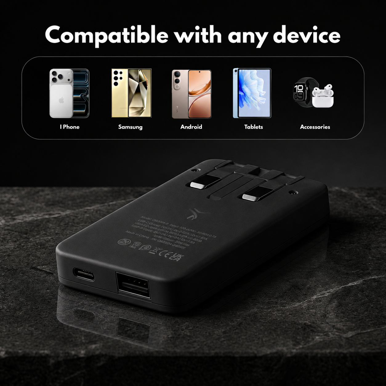20W Ultra Slim Flat USB-C Wall Charger Black