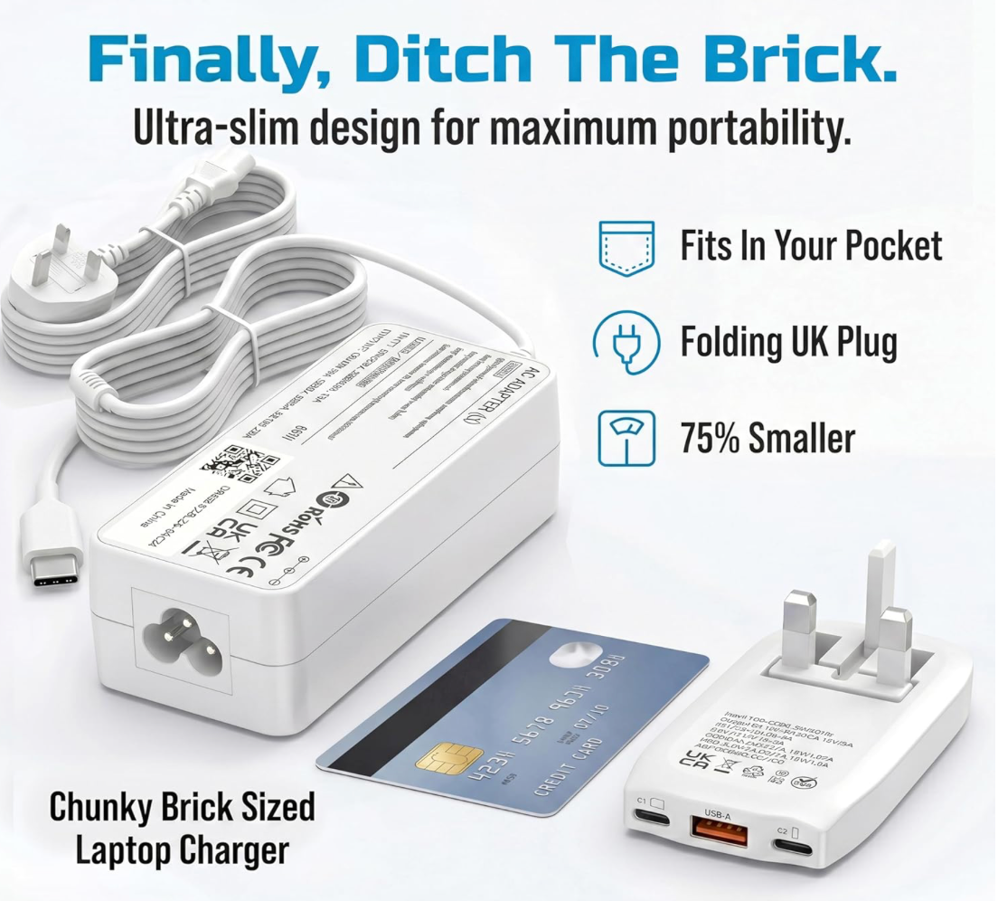 65W Ultra Slim Flat USB-C Wall Charger White